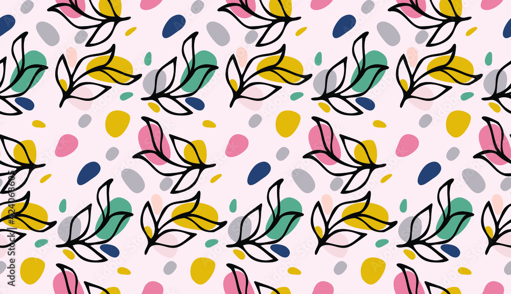 Seamless pattern with black ink floral leaves hand drawn doodle and abstract colored round shapes. Classic background, textile print ornament, fashion design vector element texture. Seamless pattern with black ink floral leaves hand drawn doodle and abstract colored round shapes. Classic background, textile print ornament, fashion design vector element texture.