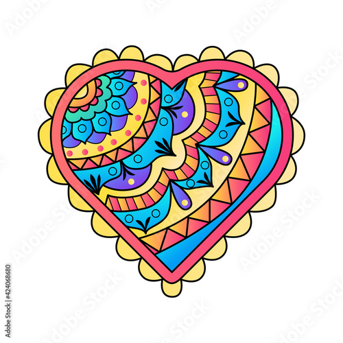 Vector outline heart with line pattern inside. Isolated colorful decorative heart with floral pattern
