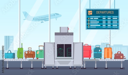 Airport baggage scanner. Conveyor belt with luggage and inspection control terminal. Security check for bags and suitcases vector concept