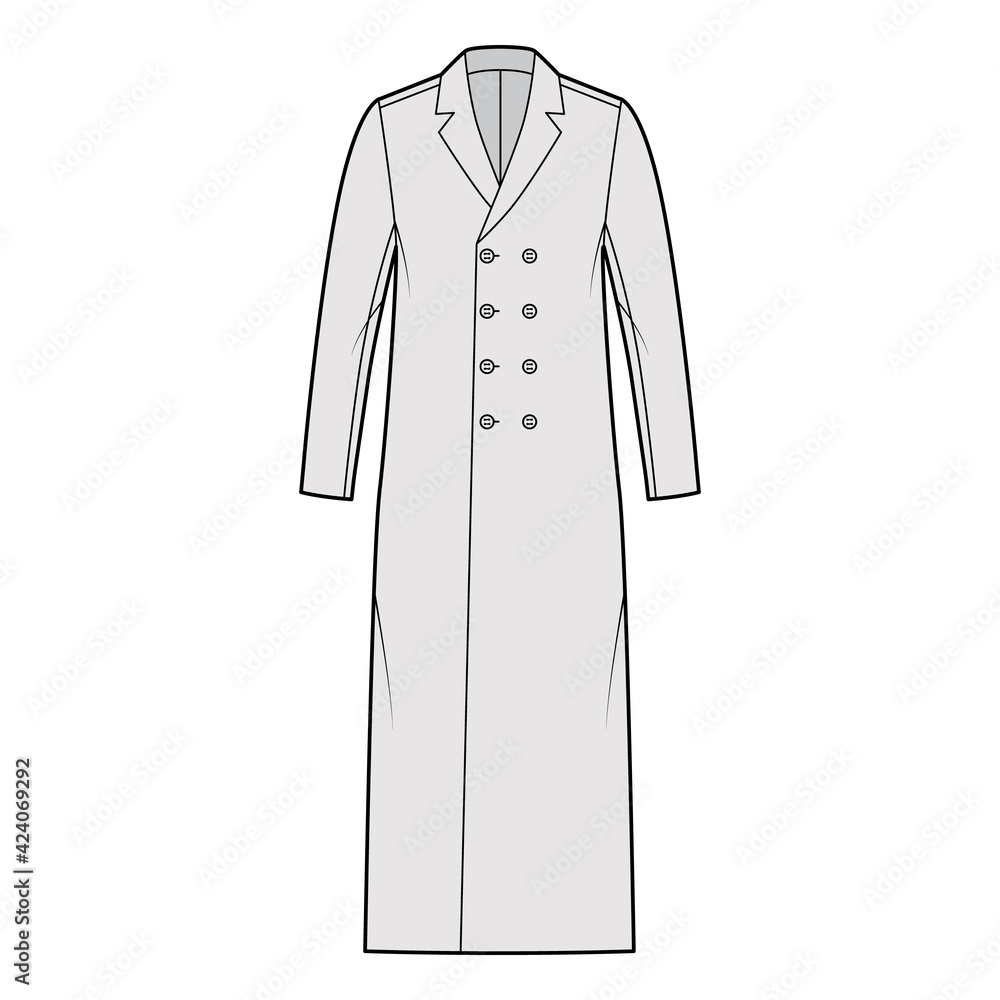 Classic coat technical fashion illustration with midi length, long sleeves, notched shawl collar, oversized body, double breasted. Flat jacket template front, grey color style. Women, men, CAD mockup Classic coat technical fashion illustration with midi length, long sleeves, notched shawl collar, oversized body, double breasted. Flat jacket template front, grey color style. Women, men, CAD mockup