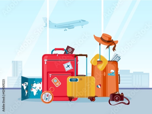 Tourist travel suitcases. Luggage and bags with map, camera and summer hat in airport. Tourism agency, adventure and vacation vector concept