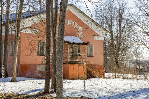 Part of the abandoned facade of the Apraksin Manor. Classicism of the late 18th century. Object of the cultural heritage of the peoples of the Russian Federation. Olgovo, Dmitrov region, Russia photo