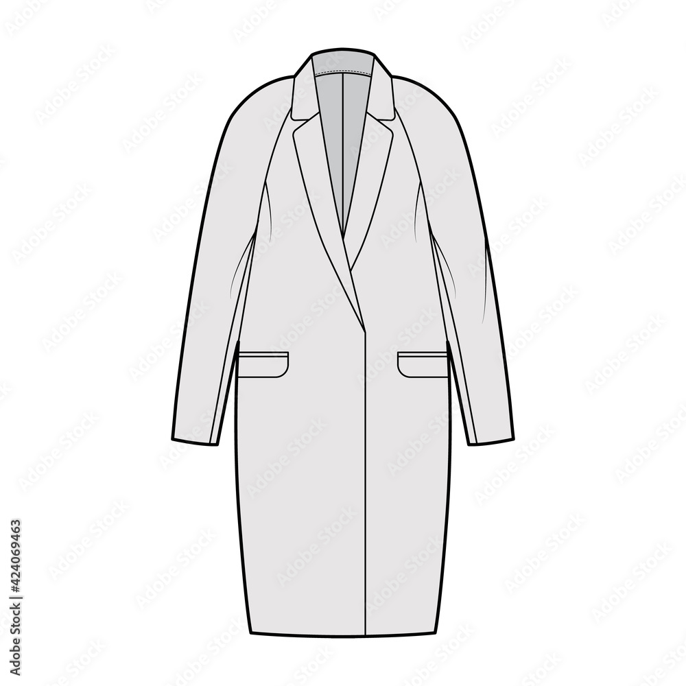 Cocoon jacket technical fashion illustration with notched lapel collar, long raglan sleeves, flap pockets, hide opening. Flat coat template front, grey color style. Women, men, unisex top CAD mockup Cocoon jacket technical fashion illustration with notched lapel collar, long raglan sleeves, flap pockets, hide opening. Flat coat template front, grey color style. Women, men, unisex top CAD mockup