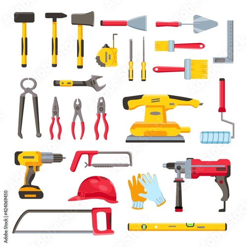 Construction toolkit. Home renovation and repair tools, spanner, trowel, electric drill and screwdriver. Woodwork equipment flat vector set