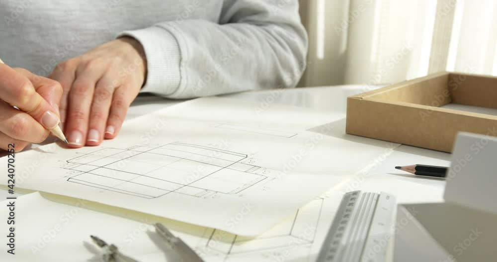 Designer draws a mockup for crafting eco cardboard box. Development a sketch of paper packaging. Blueprint on the desktop. Designer draws a mockup for crafting eco cardboard box. Development a sketch of paper packaging. Blueprint on the desktop.