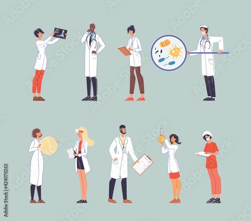 Set of vector cartoon flat doctor characters at work nurses in uniform,laboratory coats with medical devices-medic team,various poses and persons,human disease medical treatment and therapy concept