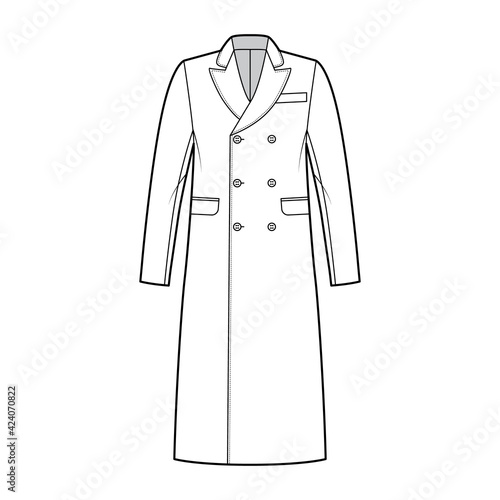 British warm overcoat technical fashion illustration with double breasted, midi length, round collar peak, flap pockets. Flat outerwear template front, white color style. Women, men, unisex top CAD © Vectoressa