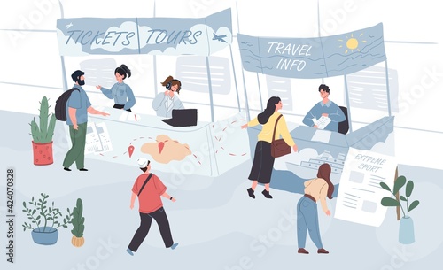 Vector cartoon flat characters-exhibitors and visitors at tourism travel expo conference.Exhibition staff workers inform,give advices and sell tour tickets at ad stands to travelers and other people