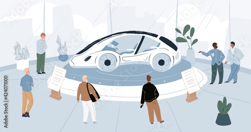Vector cartoon flat characters-exhibitors and visitors at car motor show expo conference.Exhibition staff,enthusiasts and guests at auto stand with new model concept car