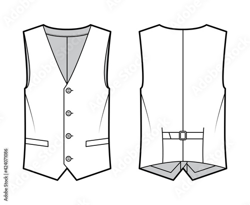 Lapelled vest waistcoat technical fashion illustration with sleeveless, notched shawl collar, button-up closure, pockets. Flat template front, back, white color style. Women, men unisex top CAD mockup