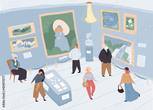 Vector cartoon flat characters-visitors and staff at art gallery.Different people watching examining pictures and artworks in artistic museum hall at exhibition