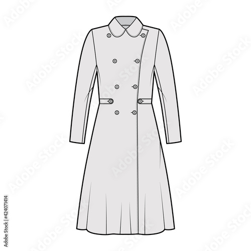 Skating coat technical fashion illustration with tabs, double breasted, long sleeves, round collar, knee length. Flat jacket template front, grey color style. Women, men, unisex top CAD mockup
