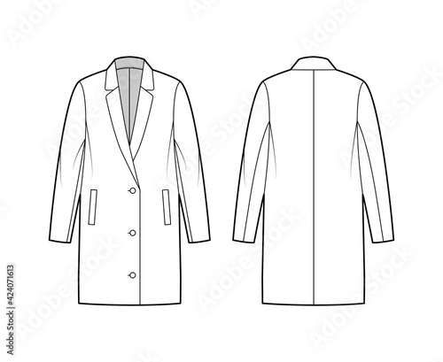Oversized jacket technical fashion illustration with notched elongated lapel collar, welt pockets, button opening. Flat coat template front, back white color style. Women, men, unisex top CAD mockup