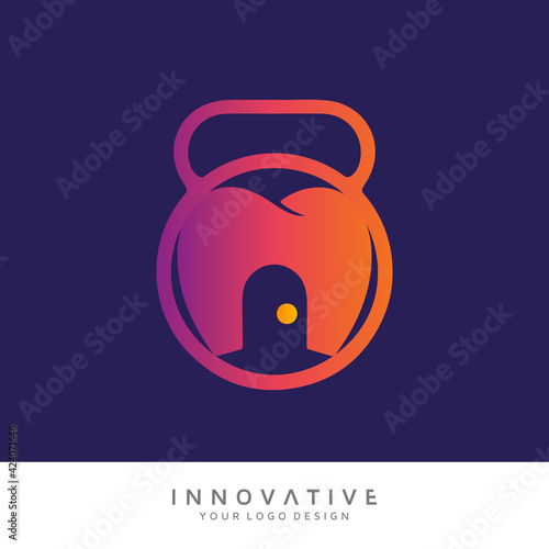 Dental care with dumbbell icon. Vector logo design template.