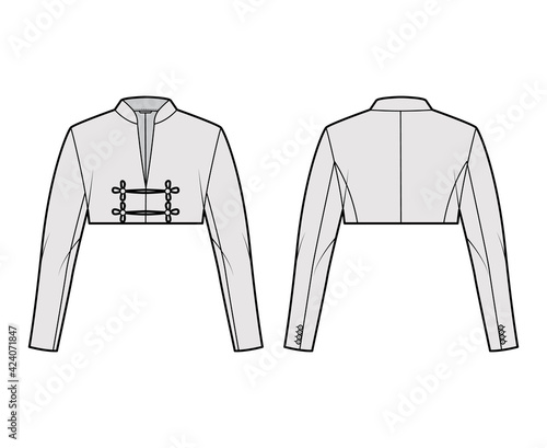 Spencer jacket technical fashion illustration with crop length, long sleeves, stand collar, button frog closure. Flat blazer template front, back, grey color style. Women, men, unisex top CAD mockup