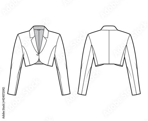 Bolero jacket technical fashion illustration with crop waist length, long sleeves, notched collar, button closure. Flat blazer template front, back, white color style. Women, men unisex top CAD mockup