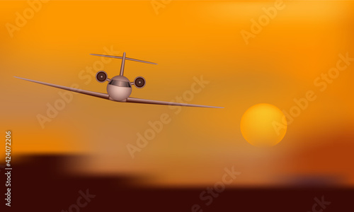 Personal or light jet airplane at sunset, vector illustration design