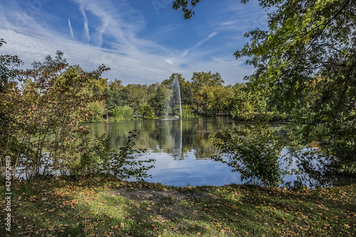 Wonderful Lake and Fountain in public Compans-Caffarelli Park. Toulouse  France.