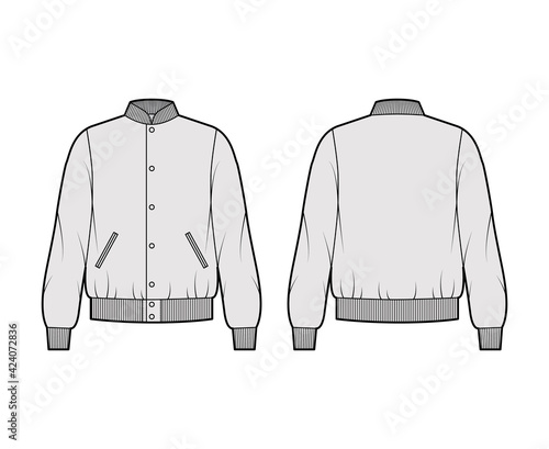 Varsity Bomber jacket technical fashion illustration with Rib baseball collar, pockets, buttons fastening, oversized, long sleeves. Flat coat template front, back, grey color. Women men unisex top CAD