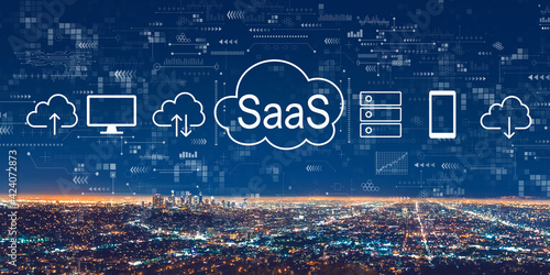 SaaS - software as a service concept with downtown Los Angeles photo