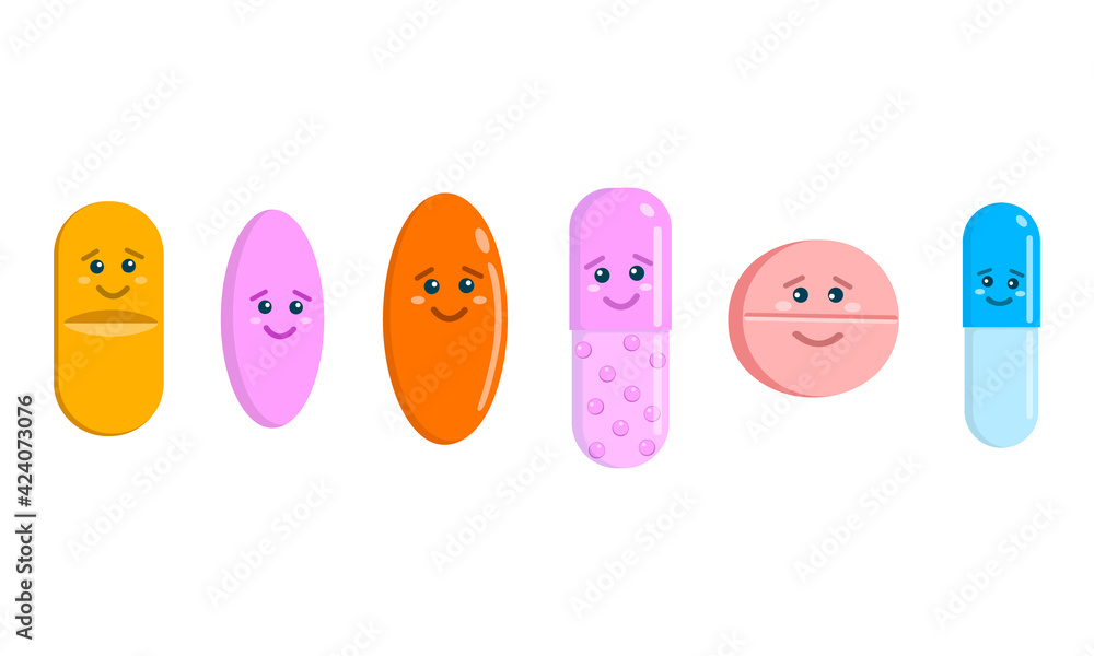 Cute pills characters isolated on white background. Set of tablets and ...