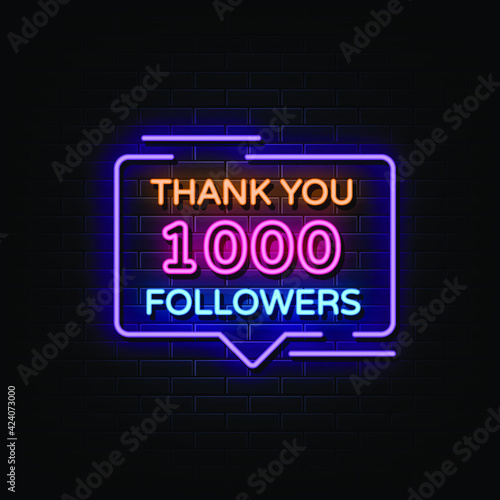 Thank you 1000 followers neon sign vector.