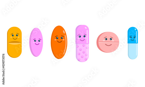 Cute pills characters isolated on white background. Set of tablets and capsules icons with funny faces. Medicine and healthcare for kids. Vector cartoon illustration.