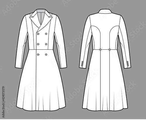 Redingote coat technical fashion illustration with double breasted, fitted, long sleeves, peak lapel collar, knee length. Flat jacket template front, back, white color style. Women, men top CAD mockup