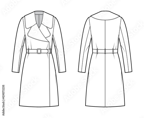 Belted coat technical fashion illustration with long sleeves, huge notched collar, oversized body, knee length. Flat jacket template front, back, white color style. Women, men, unisex top CAD mockup