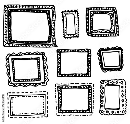 a set of vector frames drawn by hand with a black line on a white background of a rectangular shape of lines and dots with an empty space inside for text. insulated curbs for the design template