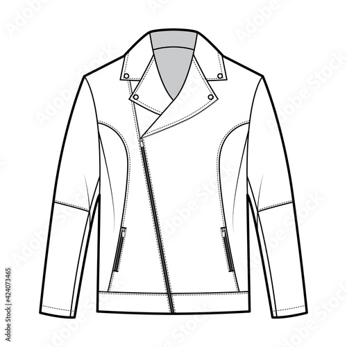 Zip-up biker jacket technical fashion illustration with oversized, asymmetrical zip front fold-over lapels collar, long sleeves, welt pocket. Flat coat template white color style. Women men CAD mockup