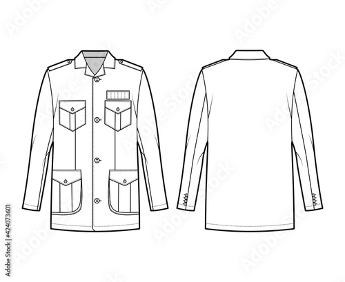 Safari jacket technical fashion illustration with oversized, open collar, long sleeve, button fastening, epaulettes. Flat coat template front, back white color style. Women men unisex top CAD mockup