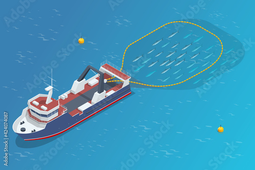 Isometric shipping seafood industry boat isolated on white background. Commercial ocean transportation Sea fishing, ship marine industry, fish boat. Fishing boat, fishing vessel.
