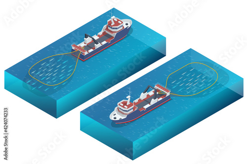 Isometric shipping seafood industry boat isolated on white background. Fishing commercial ships, fisher sea boat Sea fishing, ship marine industry, fish boat. Fishing boat, fishing vessel.
