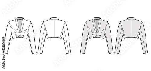 Bolero jacket technical fashion illustration with crop waist length, long sleeves, shawl collar, button closure. Flat blazer template front, back, white, grey color style. Women, men top CAD mockup