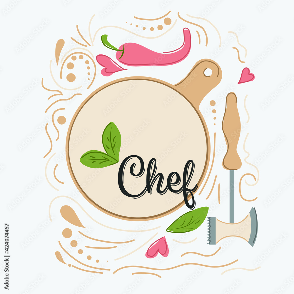 Hand draw vector abstract modern cartoon cooking illustration poster badge with cutting board, utensils and Chef handwritten modern calligraphy. Hand draw vector abstract modern cartoon cooking illustration poster badge with cutting board, utensils and Chef handwritten modern calligraphy.