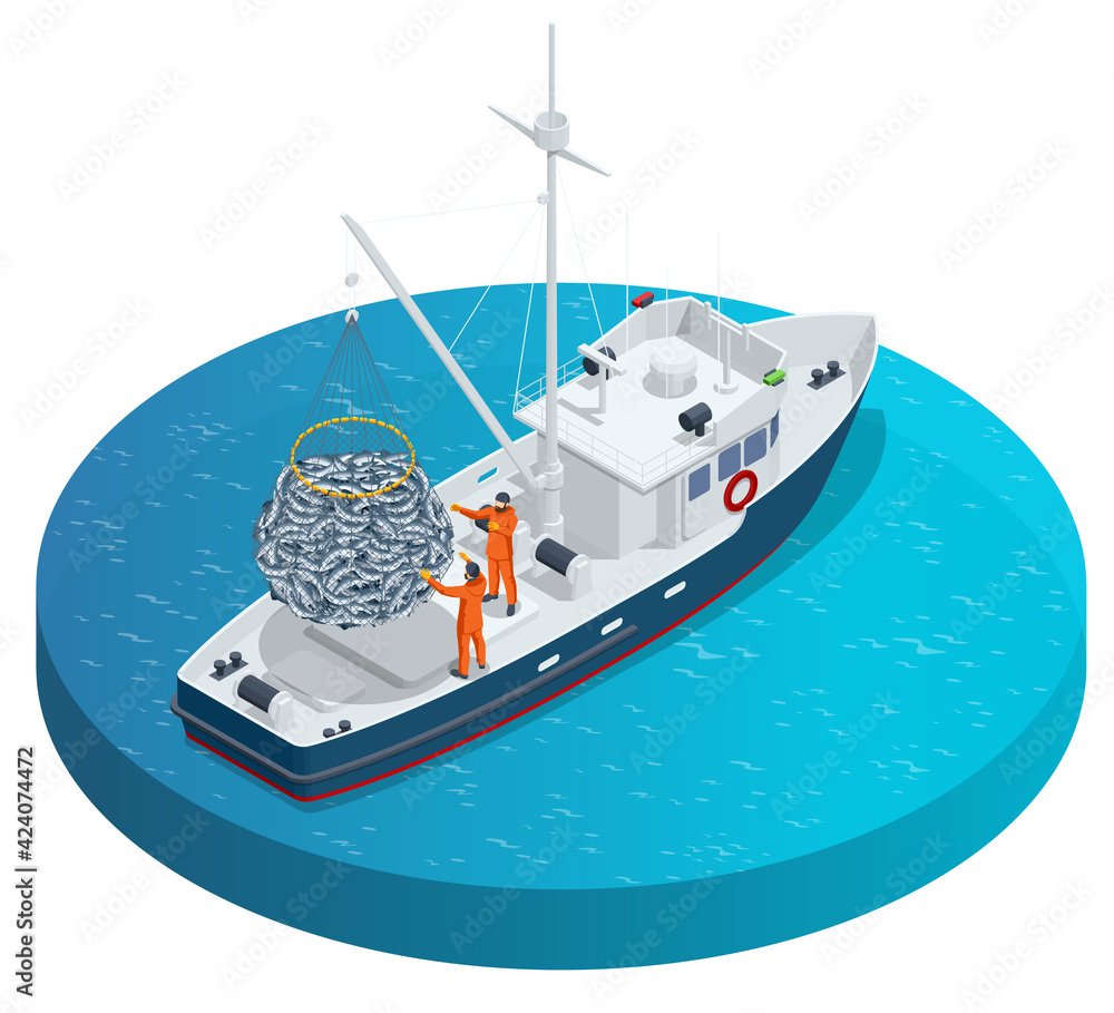 Isometric shipping seafood industry boat isolated on white background. Sea fishing, ship marine industry, fish boat. Fishing boat, fishing vessel. - obrazy, fototapety, plakaty 