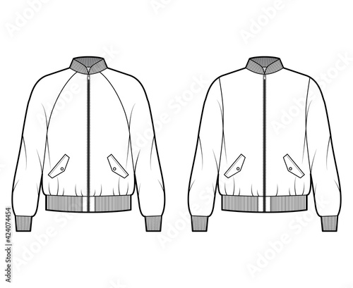 Fotografie, Obraz Set of Zip-up Bomber jackets technical fashion illustration with Rib baseball collar, cuffs, oversized, long raglan sleeves, flap pockets