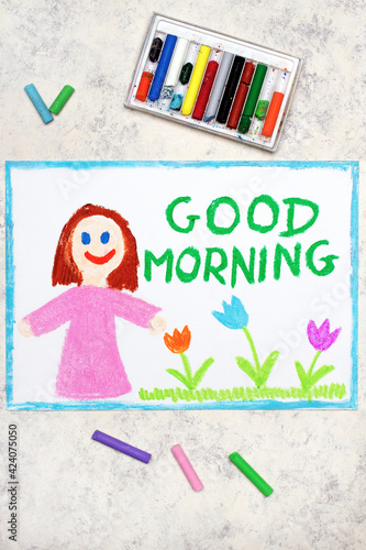 Colorful drawing: Happy smiling woman and words: Good Morning.
