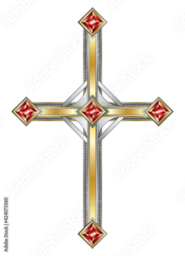 Catholic silver and gold cross with rubies in the style of American old school tattoos