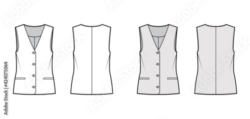 Button front vest waistcoat technical fashion illustration with sleeveless, welt besom pockets, fitted body. Flat apparel template front, back, white, grey color style. Women, men, unisex CAD mockup