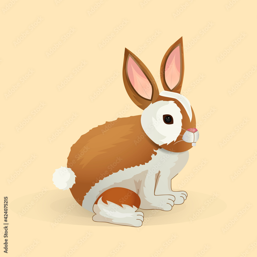Obraz premium Rabbit. Beige background. Cartoon.Isolated. Hare. Picture. Animal. Tail. Fluffy Multicolored Bunny. Brown-beige hare. Nature. Pet