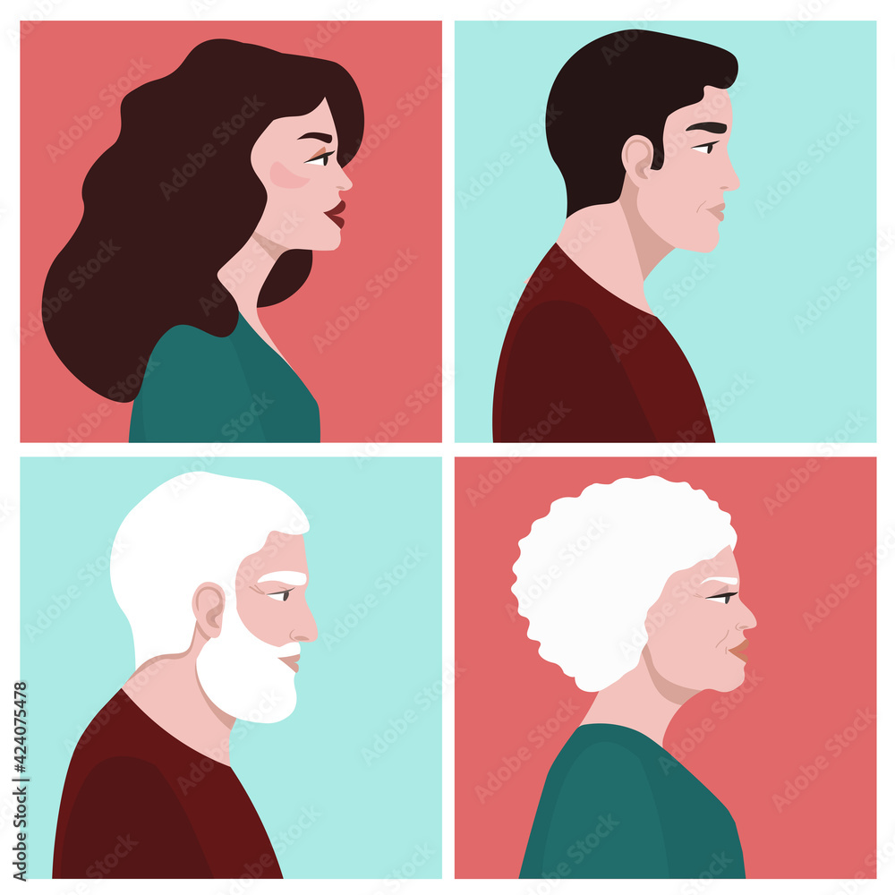 A set of profile portraits of people of different genders and ages. A young man and a woman, an elderly male and female. Vector graphics.