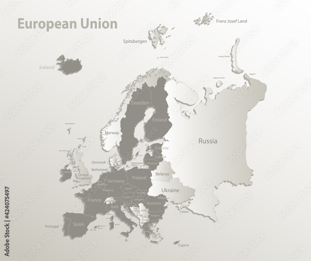 European Union map, separates Europe states with names, card paper 3D natural vector