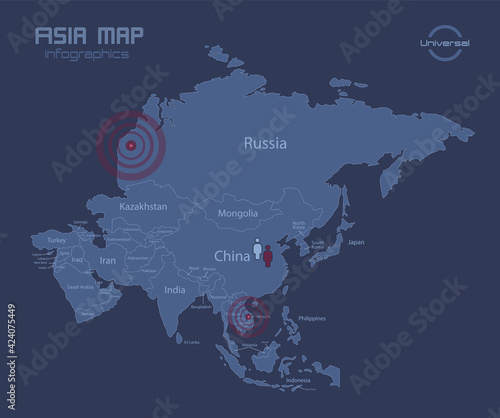 Asia map, with names of individual states, infographics blue flat design vector