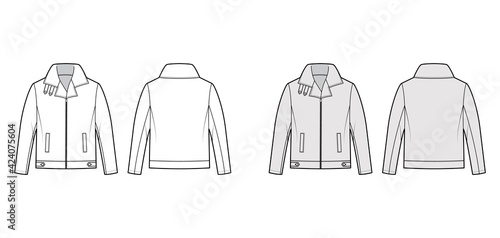 Zip-up Bomber leather jacket technical fashion illustration with tabs, oversized, thick collar, long sleeves, welt pockets. Flat coat front, back white, grey color style. Women men unisex CAD mockup