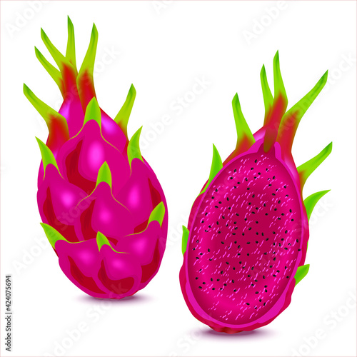 Delicious tropical fruits Pitaya for healthy lifestyle. Red dragon fruit with red flesh, whole fruit and half. Vector realistic illustration isolated on white.