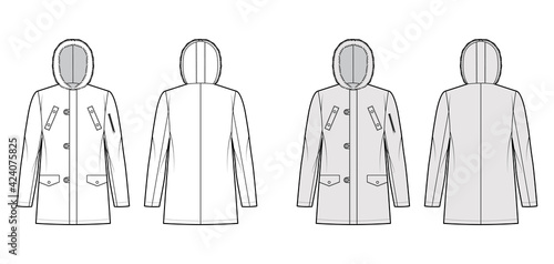 N-3B flight parka technical fashion illustration with oversized, fur hood, long sleeves, flap pockets, button loop opening. Flat coat template front, back white grey color style. Women men CAD mockup
