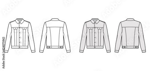 Stormrider denim jacket technical fashion illustration with oversized body, Shank button closure, collar, long sleeves. Flat apparel front, back, white, grey color style. Women, men unisex CAD mockup