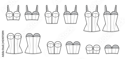 Set of Denim corset tops bustier technical fashion illustration with basque, thin straps, strapless, zip-up closure, fitted body. Flat apparel template front, back, white color. Women, men CAD mockup